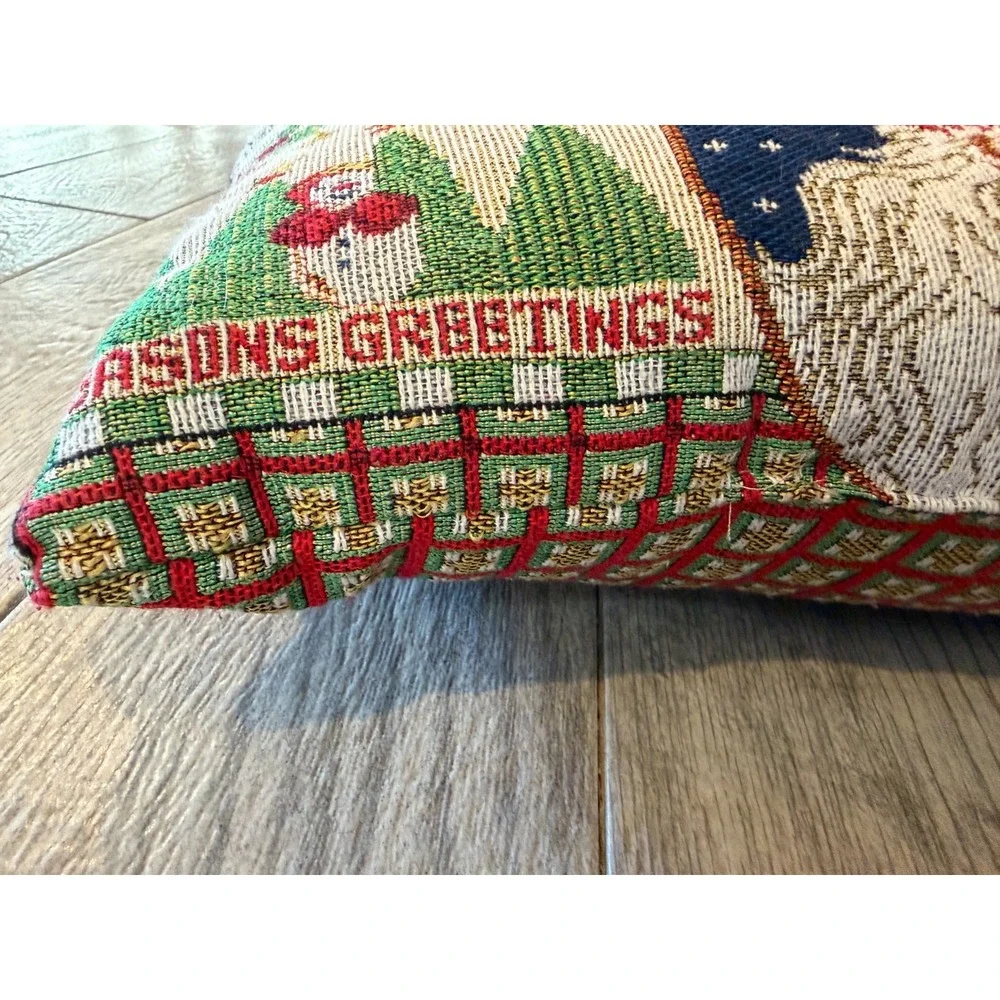 Vintage Tapestry Christmas Throw‎ Pillow Folk Art Accent Cottage Santa Holiday